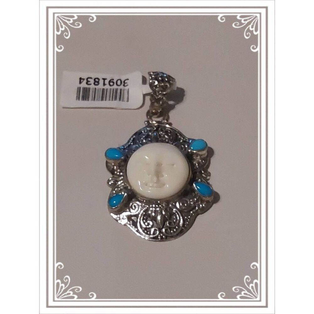 NWT STS Signed 925SS Carved Bone & Sleeping Turquoise Goddess Balinese Pendant